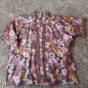 Sundays Floral Ruffled Neck Blouse in Mauve, Pink & Orange